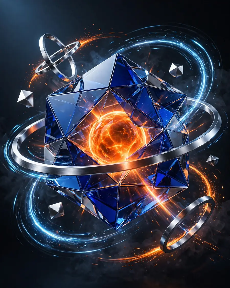 Geometric object with orbiting parts, representing 3D animation
